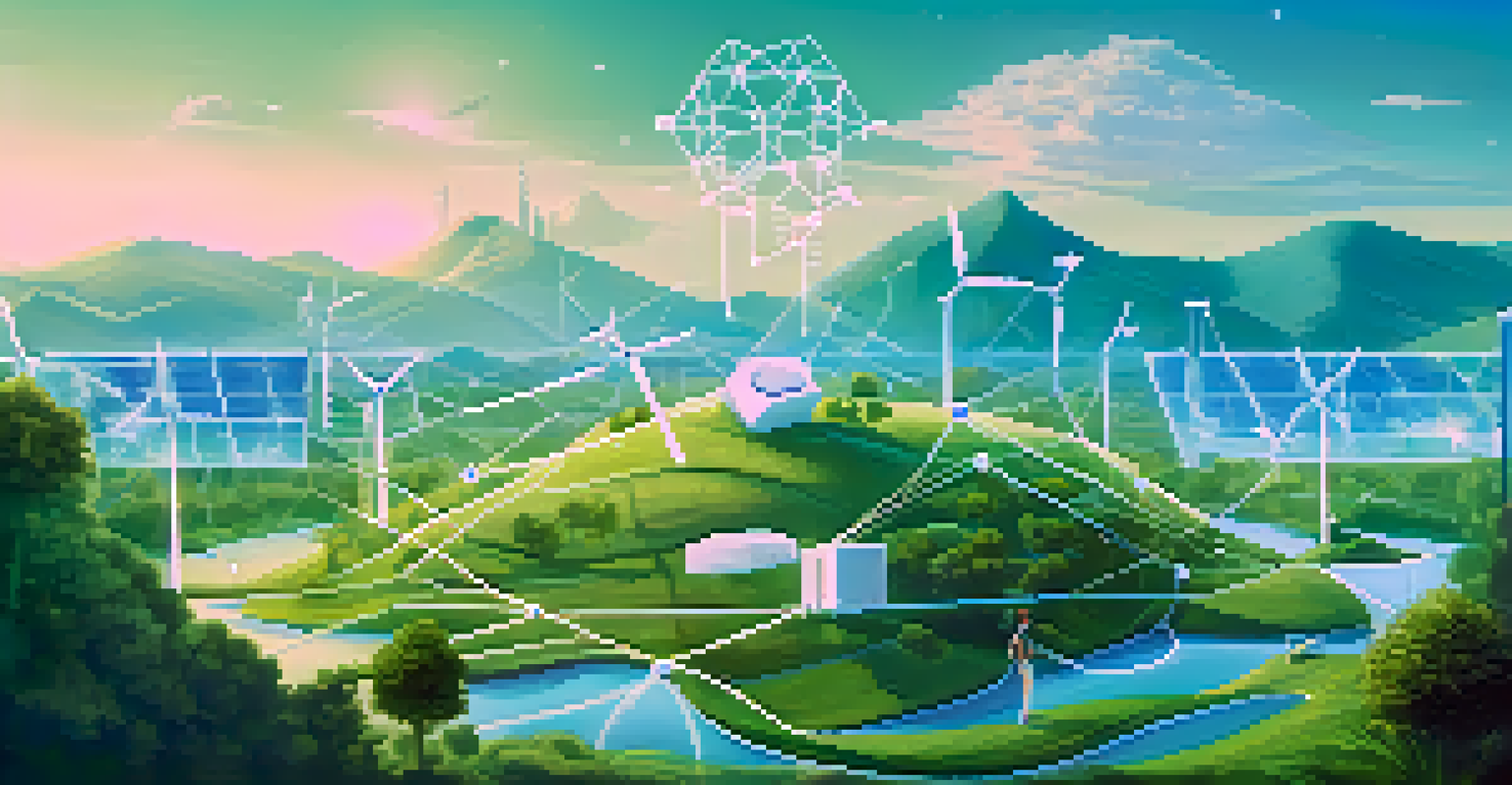 A blockchain network illustration with green energy symbols and a lush landscape, symbolizing technology and nature harmony.