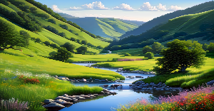 A peaceful valley with green hills, a flowing river, and colorful wildflowers under a clear blue sky.