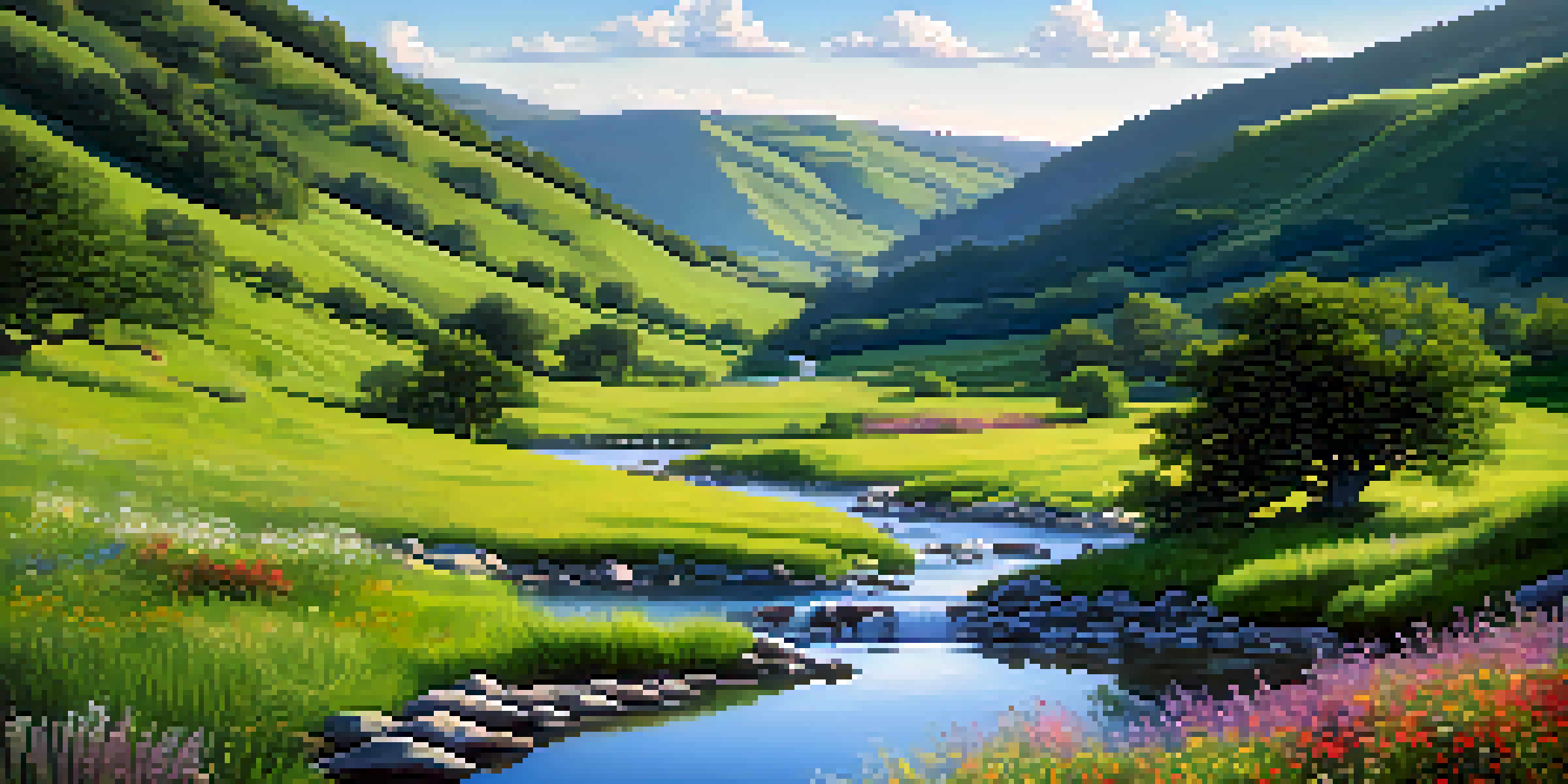A peaceful valley with green hills, a flowing river, and colorful wildflowers under a clear blue sky.