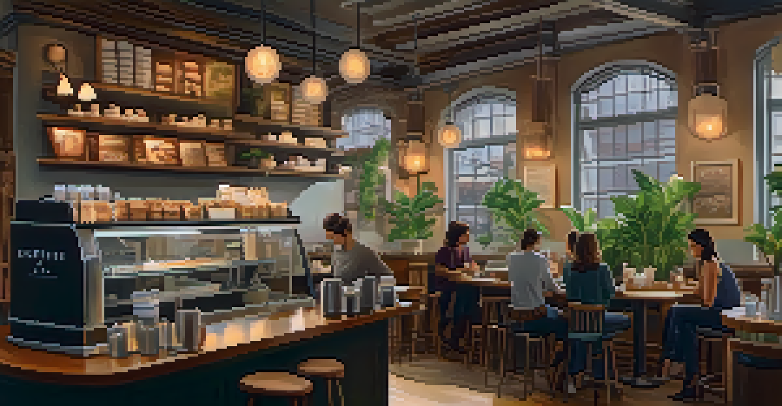 A cozy coffee shop with a barista making latte art, surrounded by pastries and patrons.