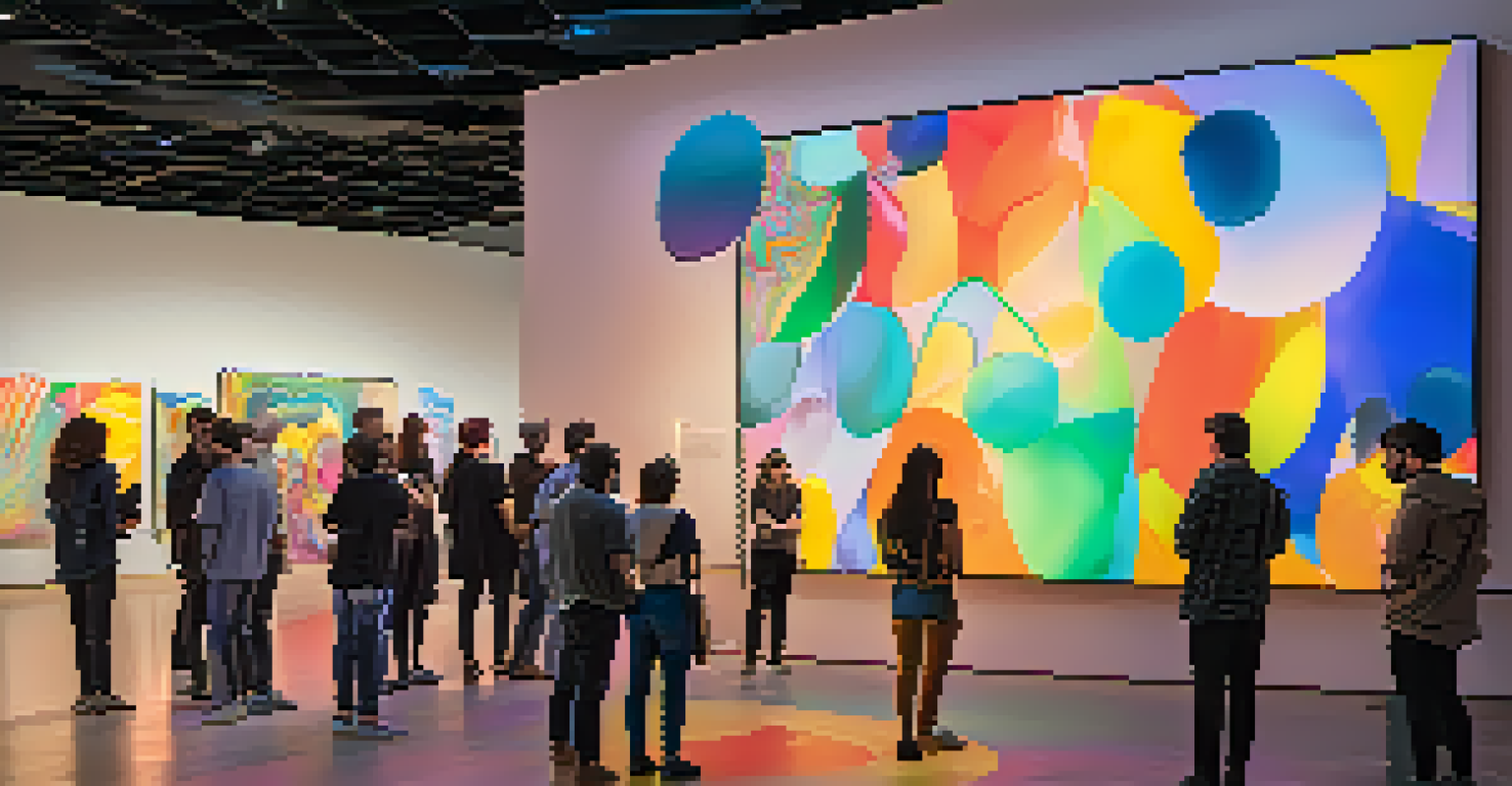 A digital art exhibition featuring DAO projects, with visitors discussing colorful abstract designs in a warmly lit room.