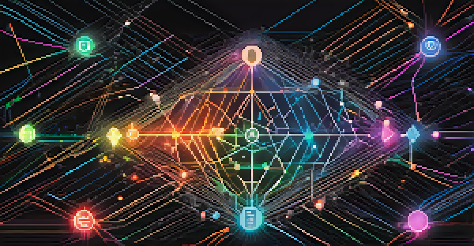 An abstract image illustrating regulatory challenges in DeFi with a tangled web of colorful lines and a glowing blockchain symbol, surrounded by icons of financial products.