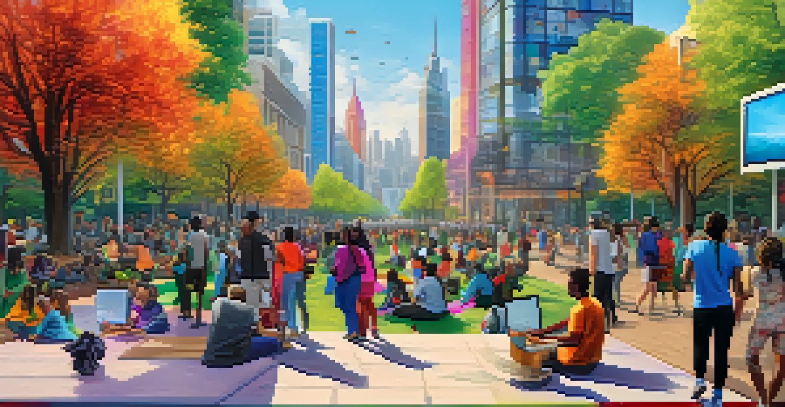 A vibrant virtual city with diverse citizens collaborating on community projects in a park.