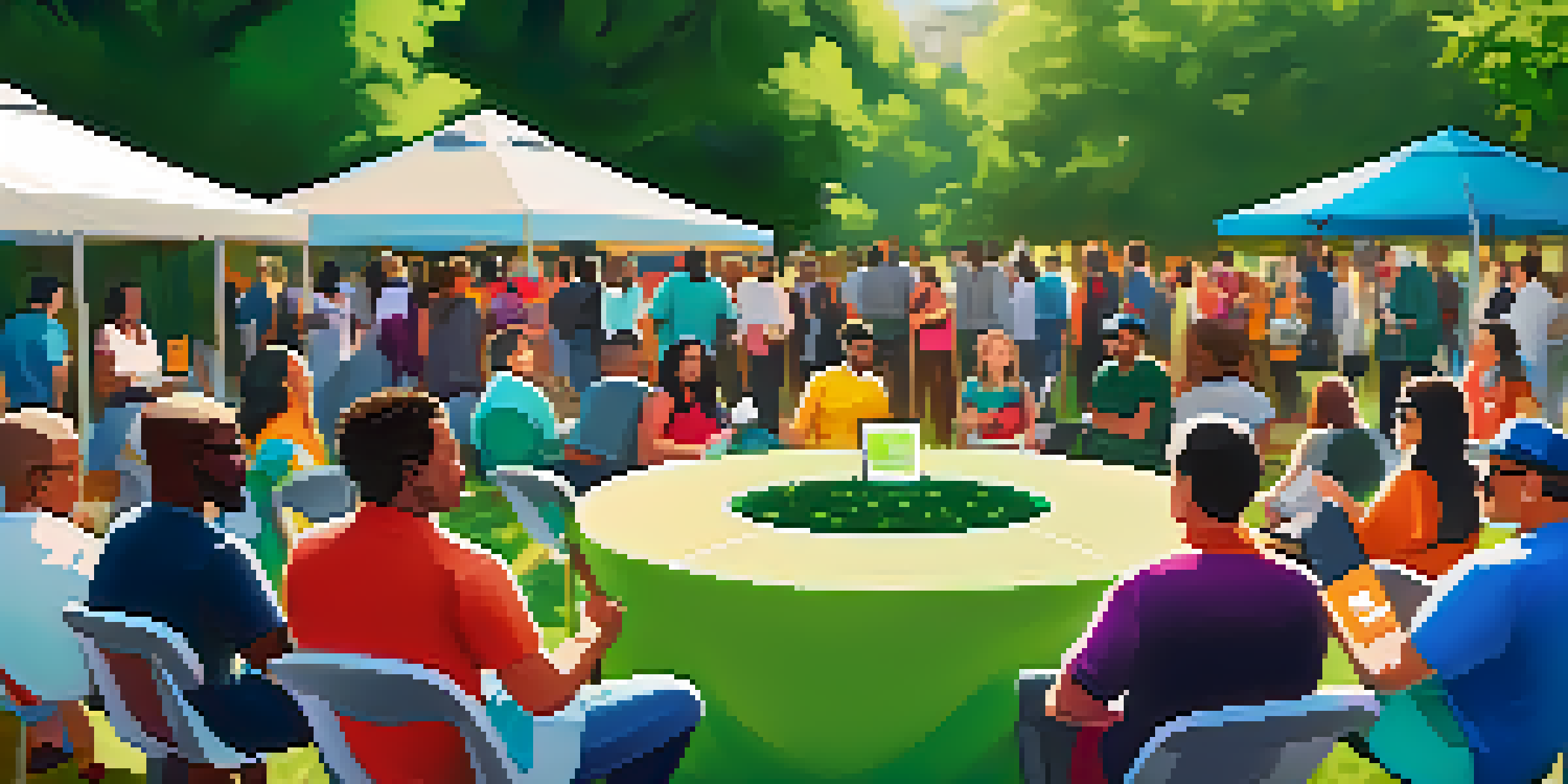 A diverse group of community members gathered around a round table in a sunny park, discussing governance and using digital devices for blockchain voting.