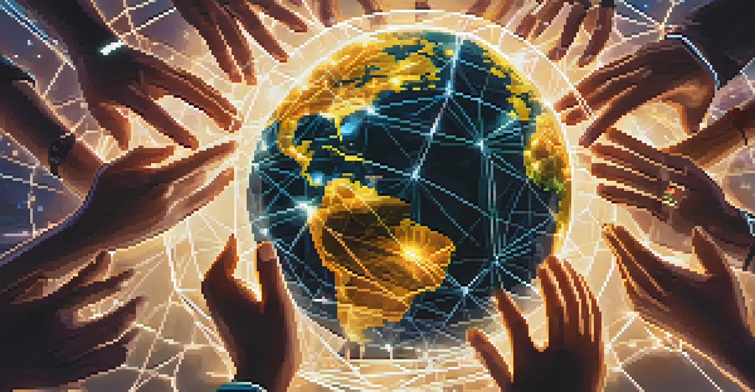 A futuristic depiction of a non-profit using blockchain technology, with a glowing network overlay on a globe and hands reaching out to contribute.