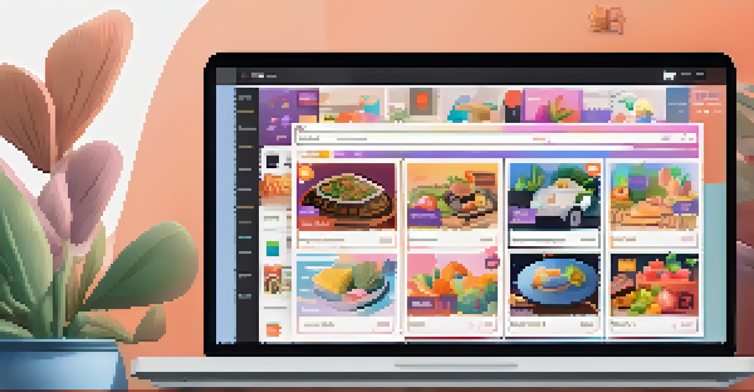 A laptop screen displaying a user-friendly NFT marketplace interface with vibrant thumbnails, search filters, and a clear buy button.