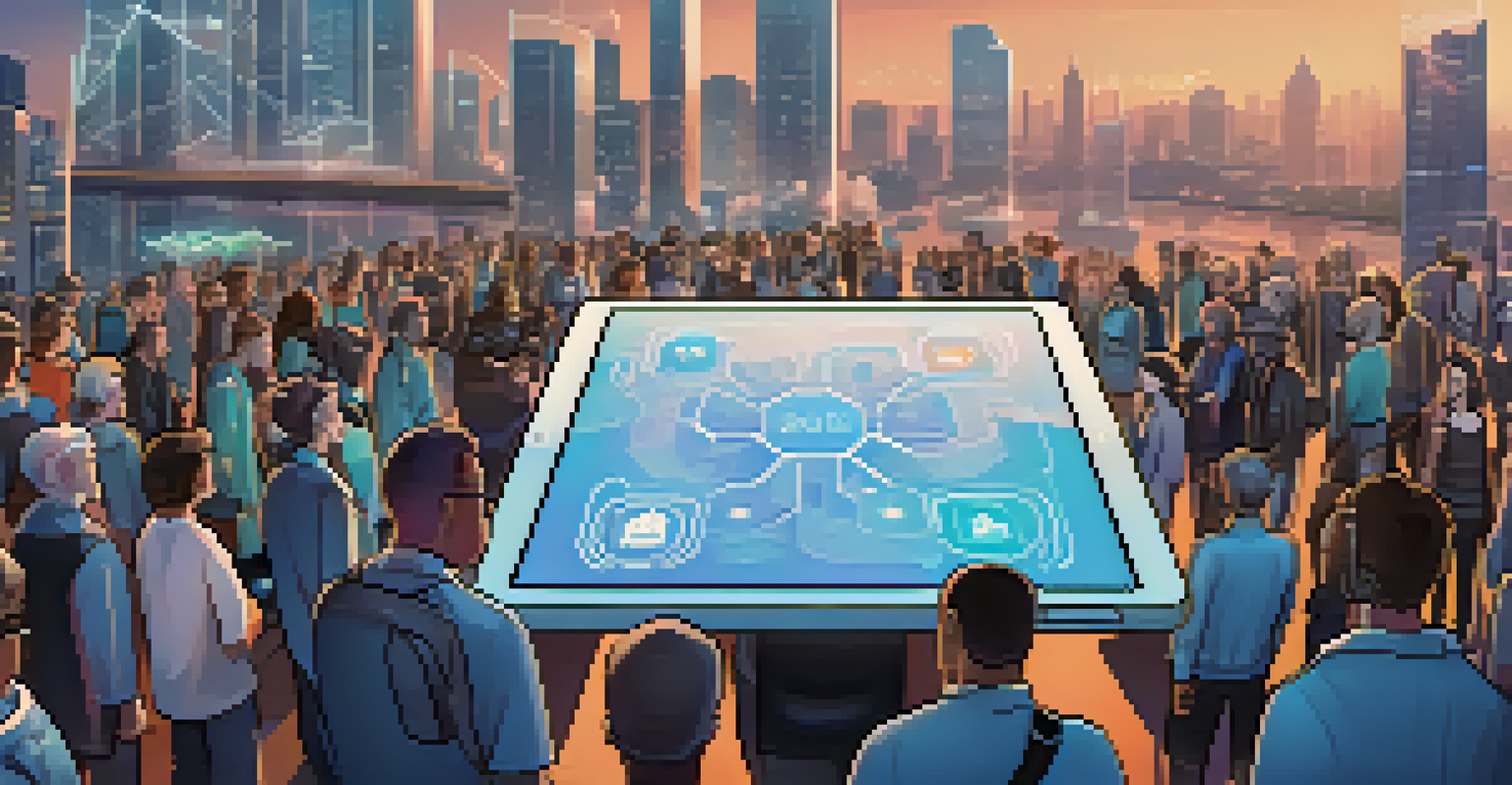 A futuristic tablet showing a digital smart contract, surrounded by diverse community members in a digital landscape with blockchain symbols.