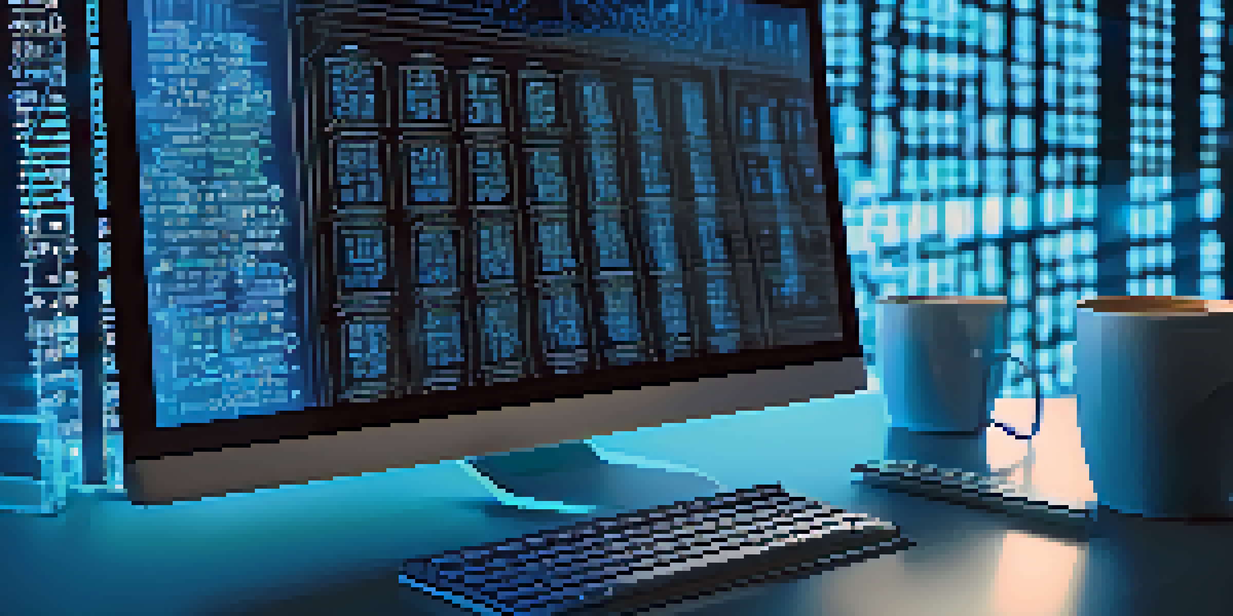 A computer screen showing cryptographic code in a dimly lit room, with blurred workspace elements in the background.