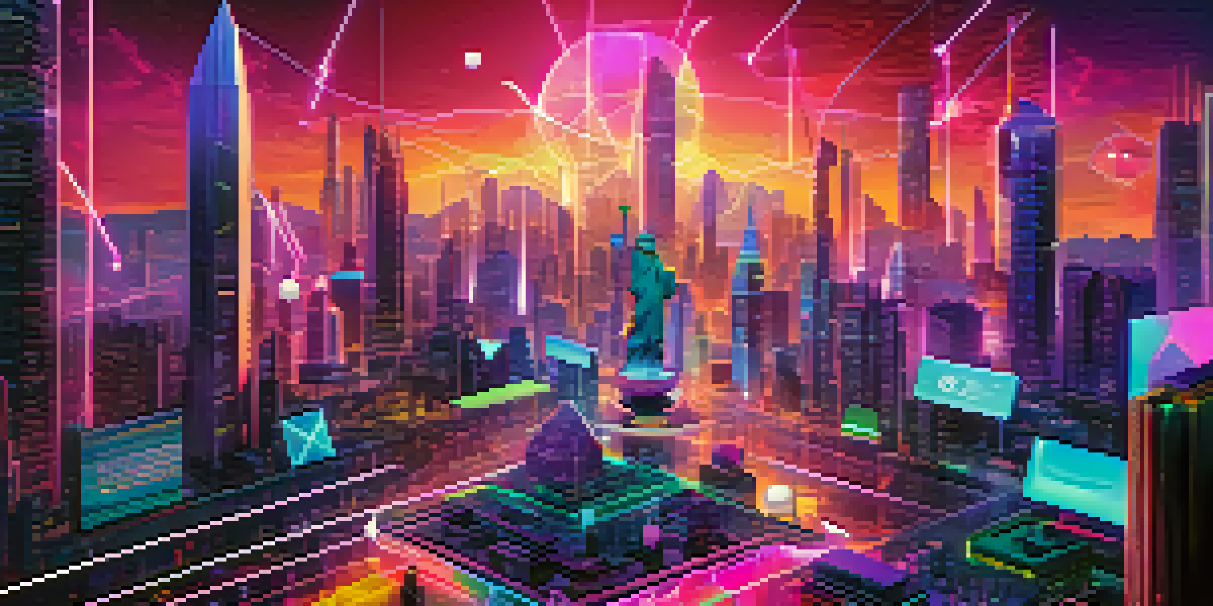 A futuristic city skyline with floating geometric shapes representing ERC-20 tokens, illuminated by neon lights and holographic displays.
