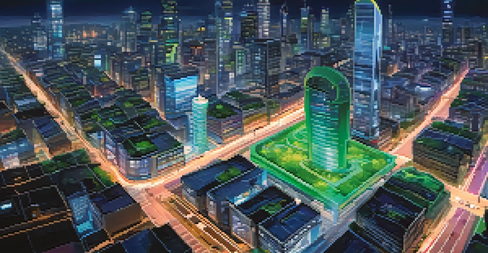A futuristic smart city with interconnected buildings and autonomous vehicles, illuminated by bright LED displays and flying drones.