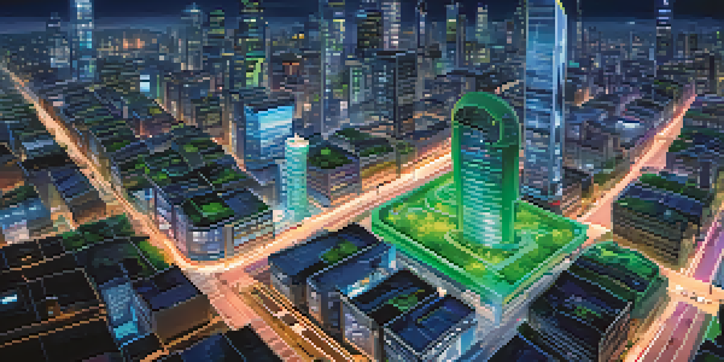 A futuristic smart city with interconnected buildings and autonomous vehicles, illuminated by bright LED displays and flying drones.