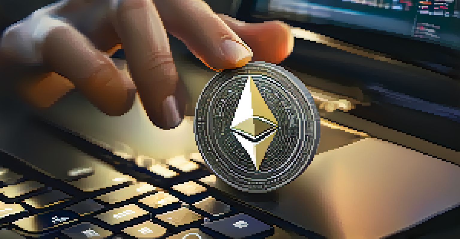 A close-up of a hand holding an Ethereum token in front of a laptop showing a crowdfunding campaign, with soft lighting emphasizing the token's details.