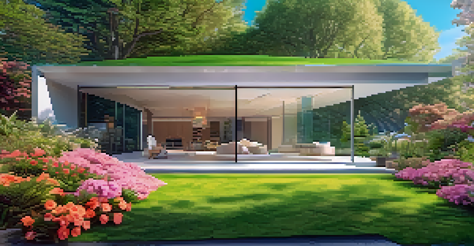 A user exploring a virtual real estate environment through augmented reality, with a futuristic home surrounded by a lush park.