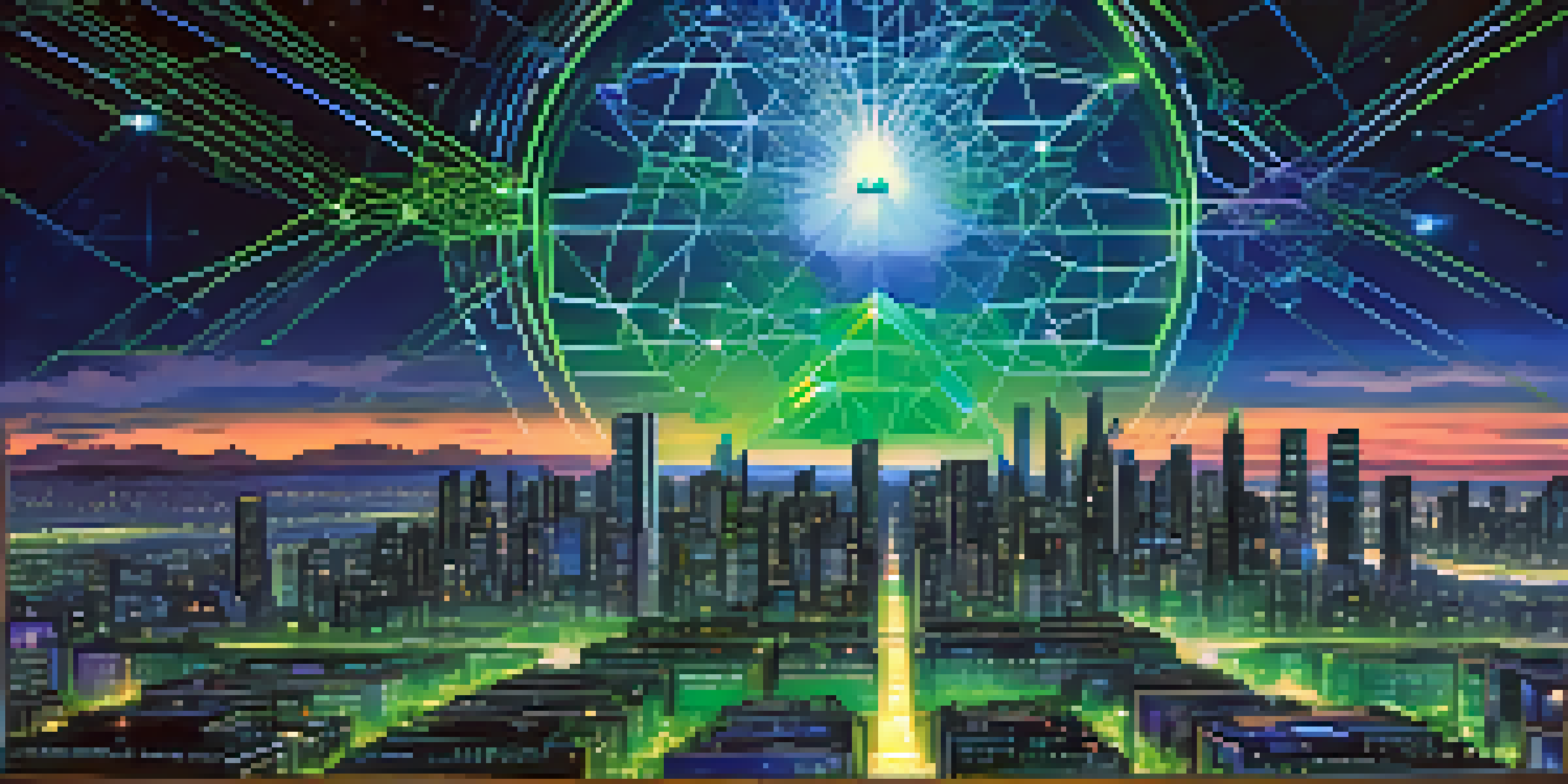 A digital city skyline representing the Ethereum Mainnet, with glowing nodes and interconnected networks, illuminated by blue and green lights under a starry night.