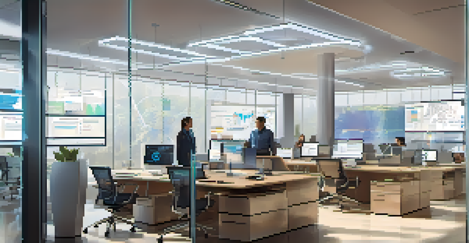 A modern non-profit office showcasing real-time financial data on screens, with staff collaborating to enhance transparency through blockchain technology.