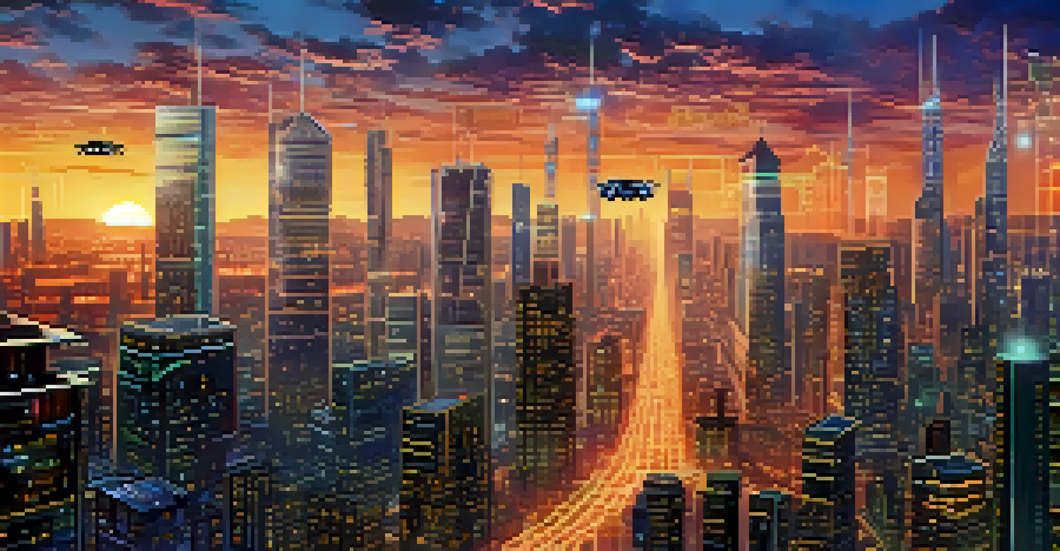 A futuristic city skyline with circuit board patterned skyscrapers during sunset, featuring drones and a screen showing cryptocurrency prices.
