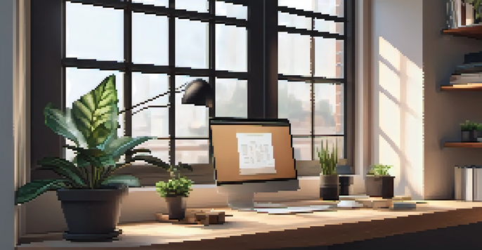 A wooden desk with a laptop displaying code, a potted plant, and natural light coming through a window.
