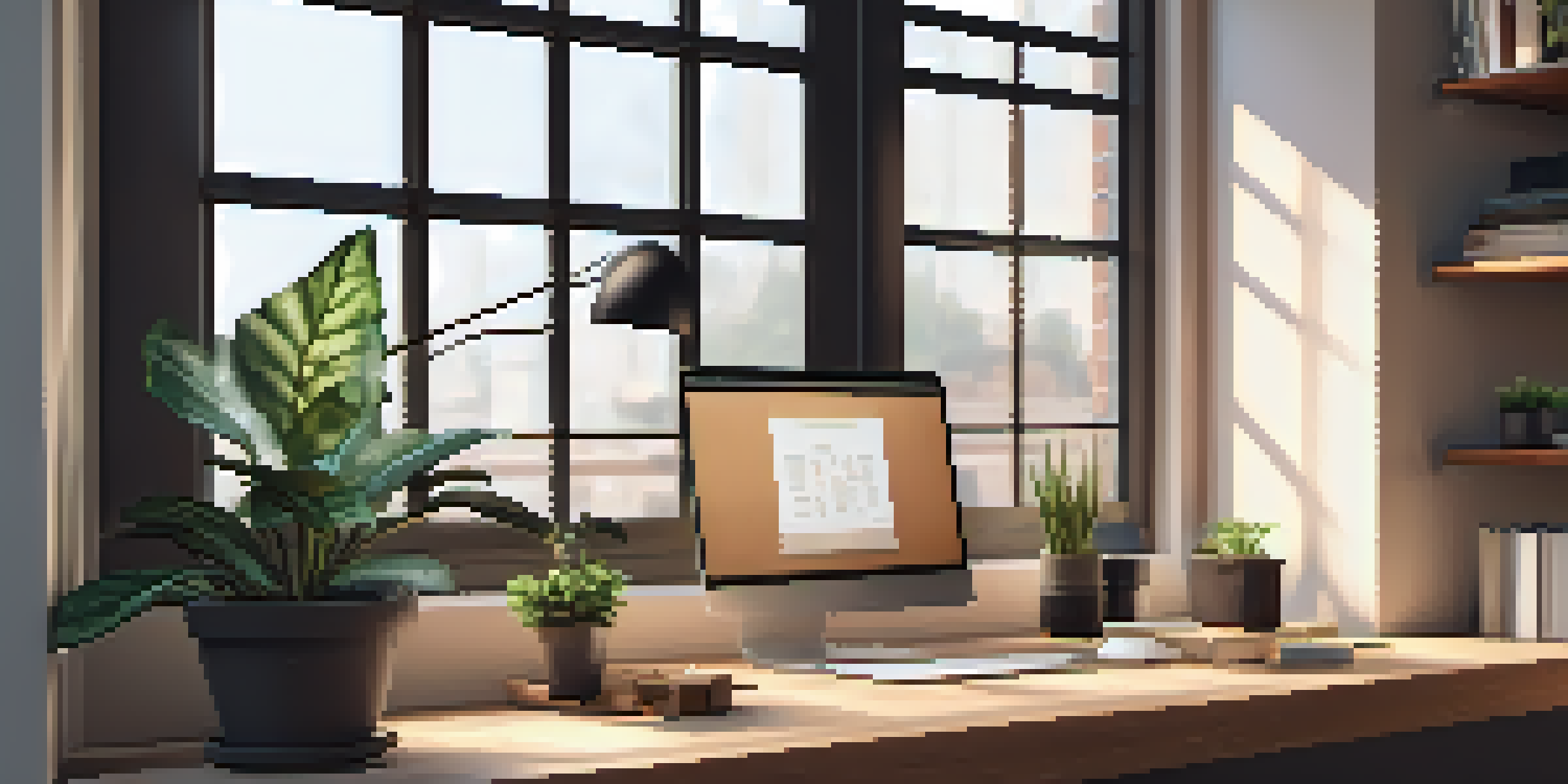 A wooden desk with a laptop displaying code, a potted plant, and natural light coming through a window.