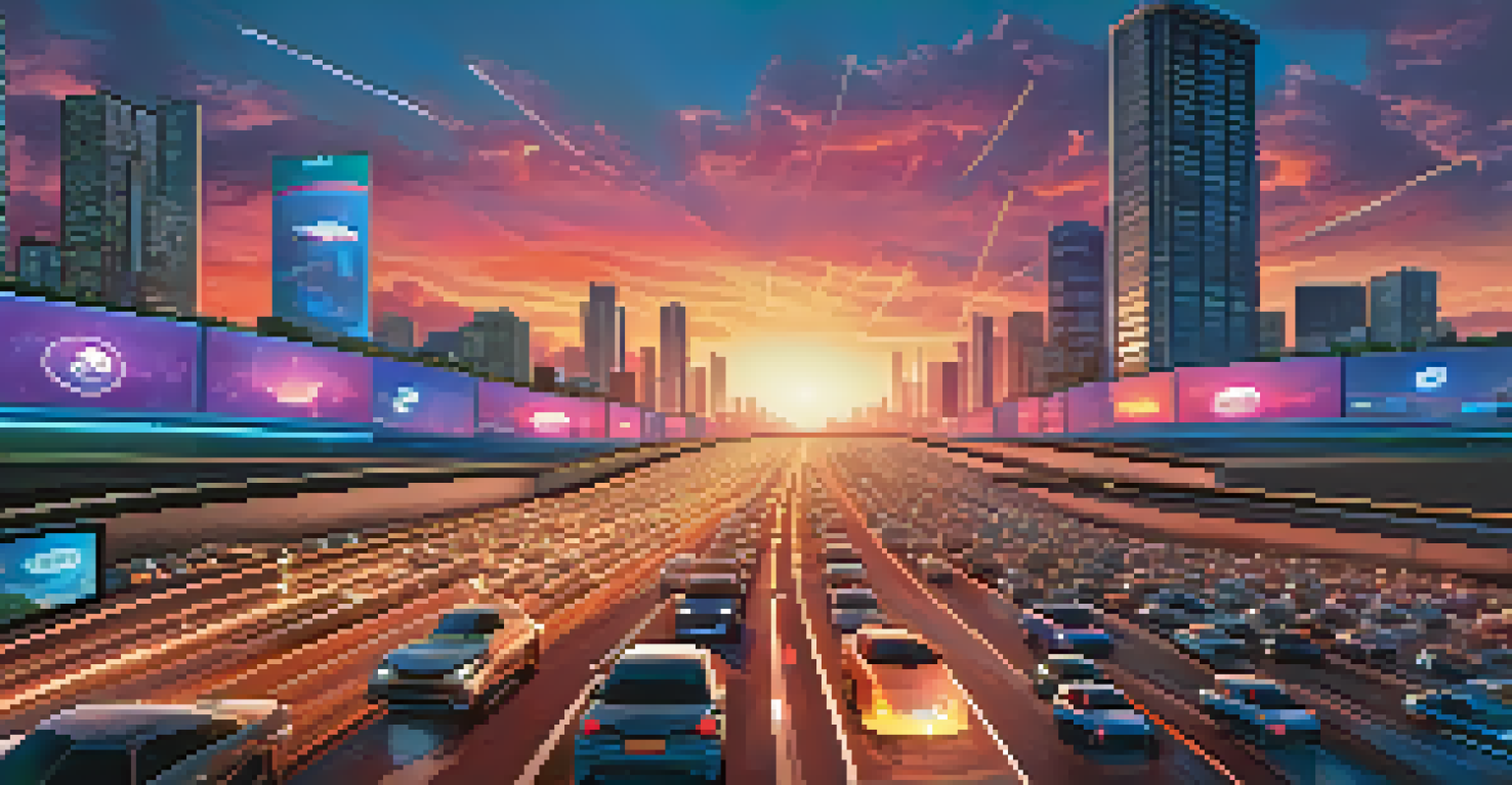 An illustration showing a busy highway representing Ethereum Layer 1 scalability challenges, with a digital billboard in the foreground.