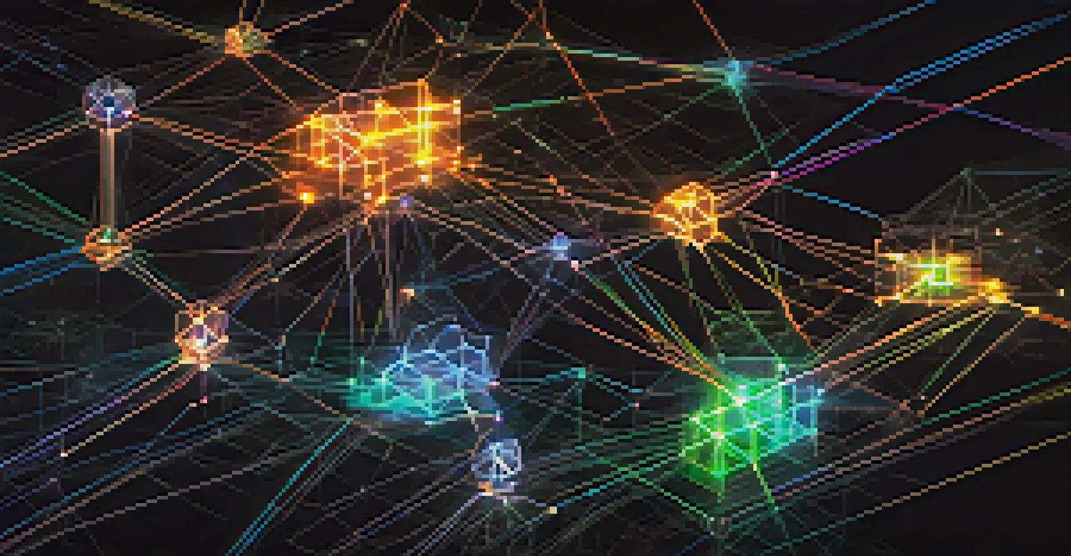 A digital illustration of interconnected nodes representing a DApp ecosystem, glowing in various colors against a dark background.