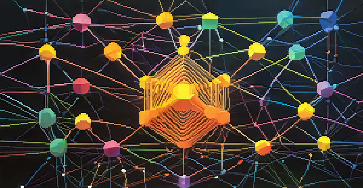 An abstract illustration of a blockchain network with colorful nodes and glowing connections on a dark background.