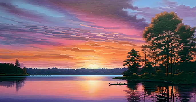 A picturesque sunset over a calm lake, with colorful skies and tree silhouettes.