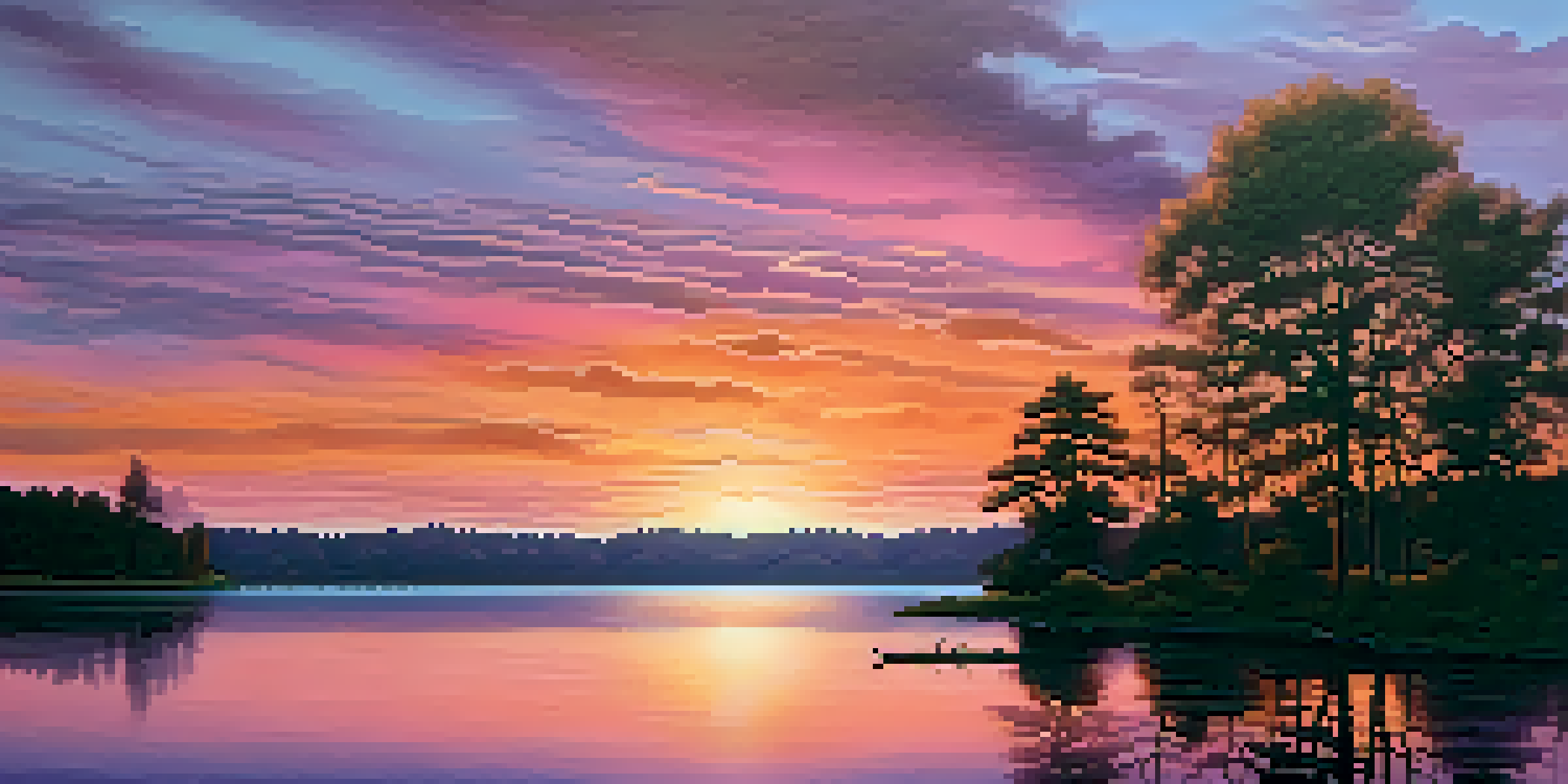 A picturesque sunset over a calm lake, with colorful skies and tree silhouettes.