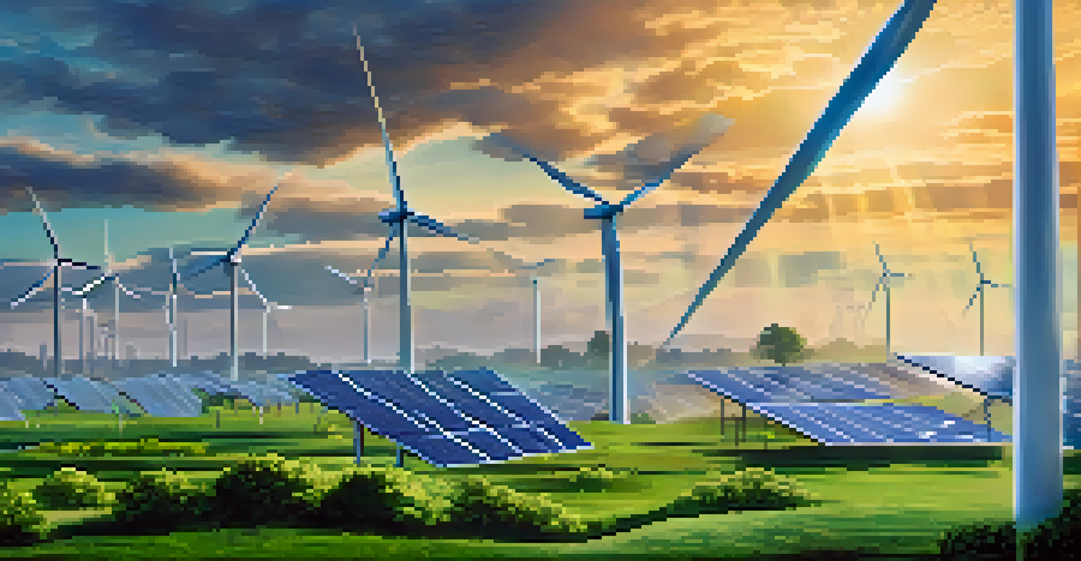 A landscape showing a smart grid with wind turbines and solar panels, complemented by a digital overlay of energy analytics data.