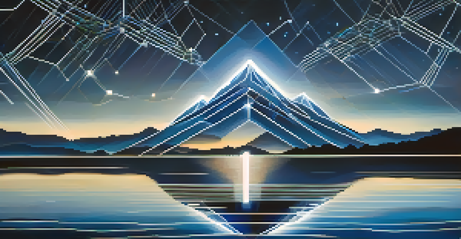 A digital representation of Ethereum's blockchain with glowing nodes and a starry sky, reflected in a calm lake surrounded by mountains.