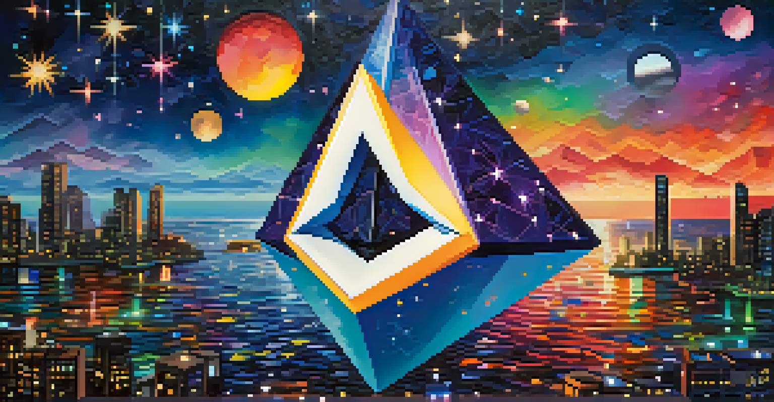 An artistic depiction of the Ethereum logo surrounded by colorful abstract shapes in a starry night background, symbolizing digital assets.