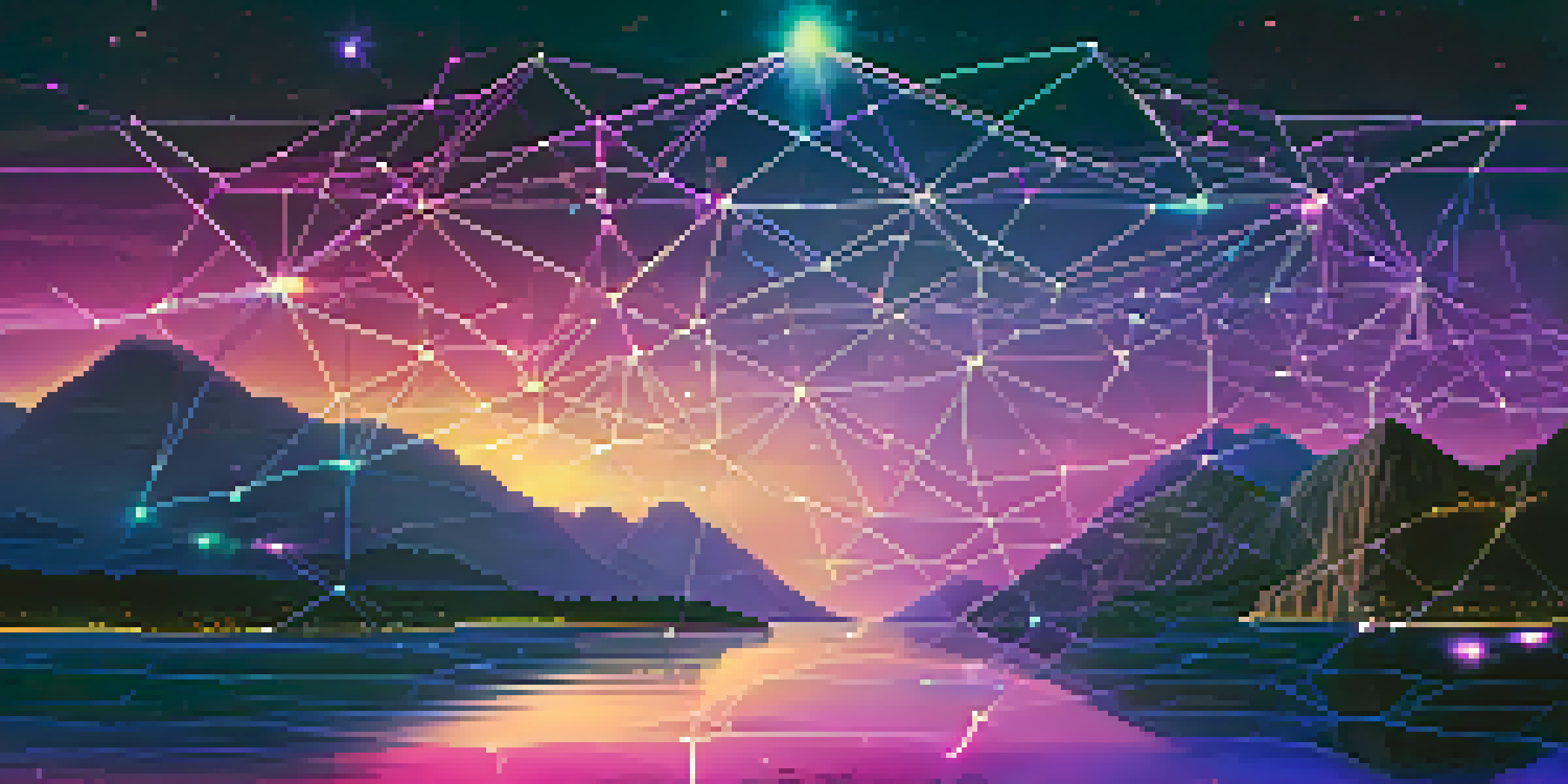 A digital landscape showing two islands connected by a glowing bridge, symbolizing cross-chain communication in blockchain.