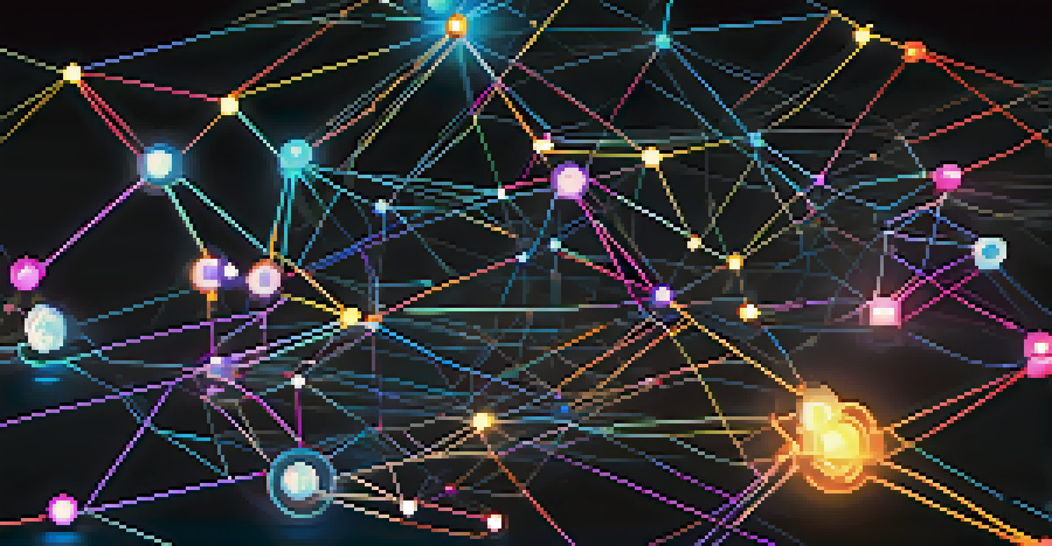 A visual representation of a blockchain network with glowing nodes and lines, illustrating digital tokens representing different assets.