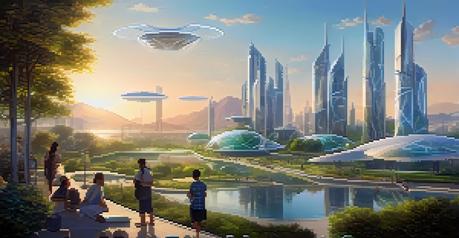 A futuristic city skyline with modern architecture and green spaces, representing a thriving technological future.