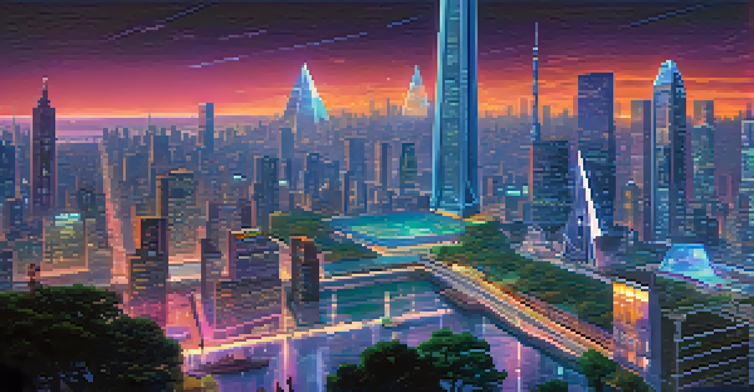 A futuristic cityscape with buildings featuring digital screens about Ethereum, highlighting the integration of blockchain technology in daily life.