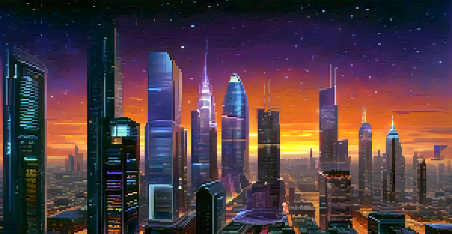 A futuristic cityscape at dusk with glowing skyscrapers and avatars walking below, set against a colorful sky.