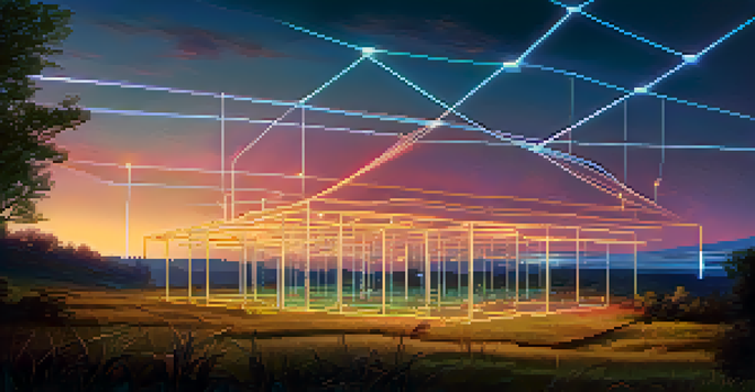A tranquil landscape showing interconnected nodes symbolizing decentralized storage, illuminated in soft colors against a twilight sky.