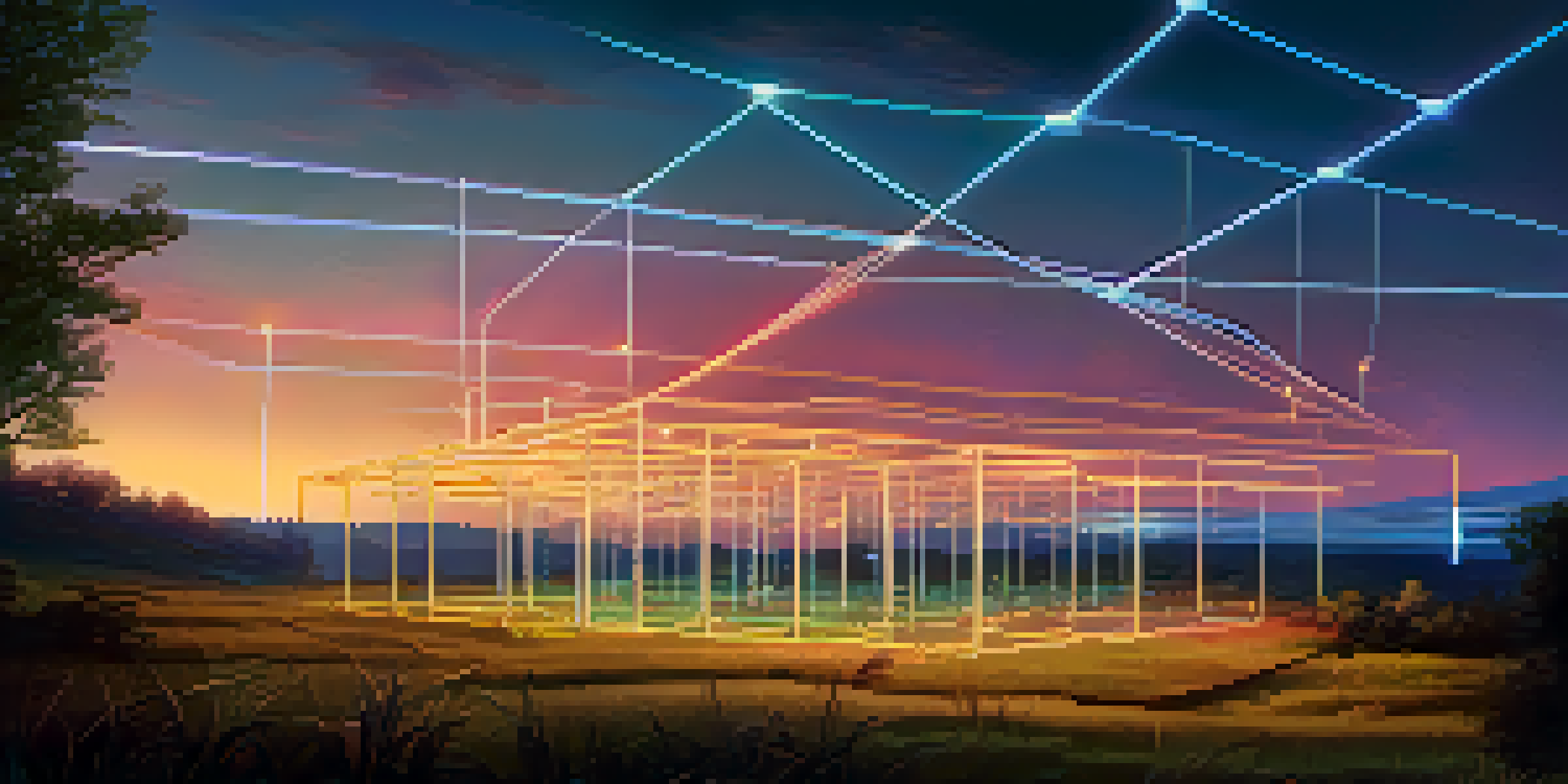 A tranquil landscape showing interconnected nodes symbolizing decentralized storage, illuminated in soft colors against a twilight sky.