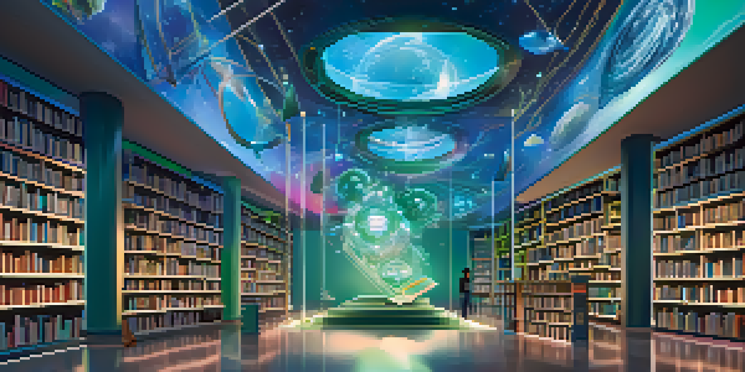 A futuristic library with floating books, colorful designs, and people interacting, symbolizing decentralized content sharing.