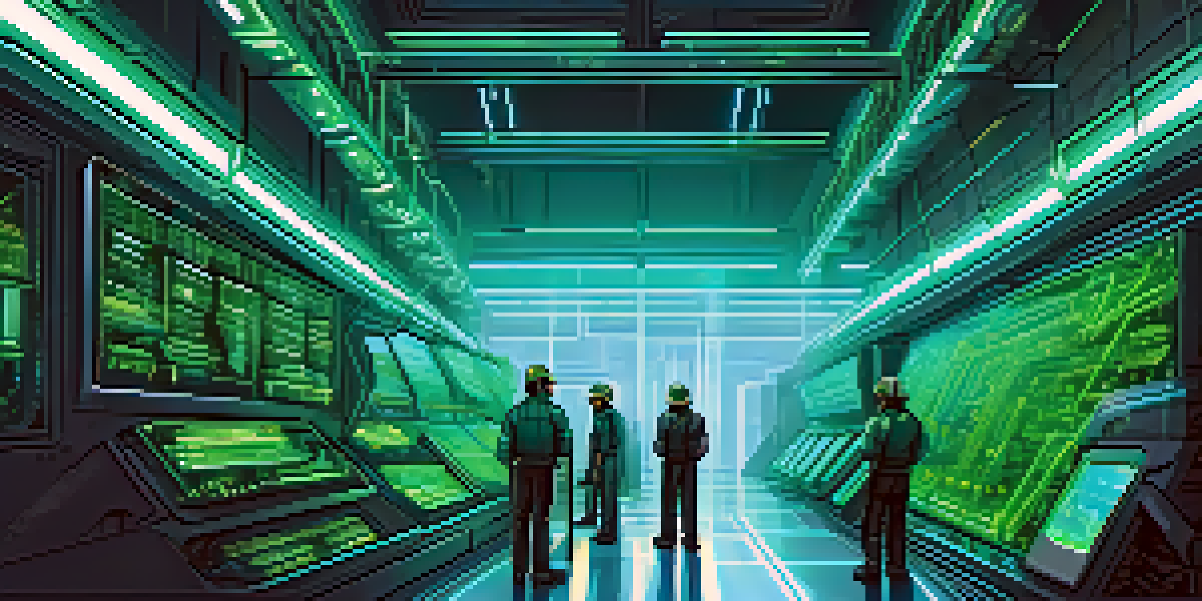An illustration depicting Ethereum miners working in a futuristic underground facility, solving puzzles on advanced computers with glowing screens.