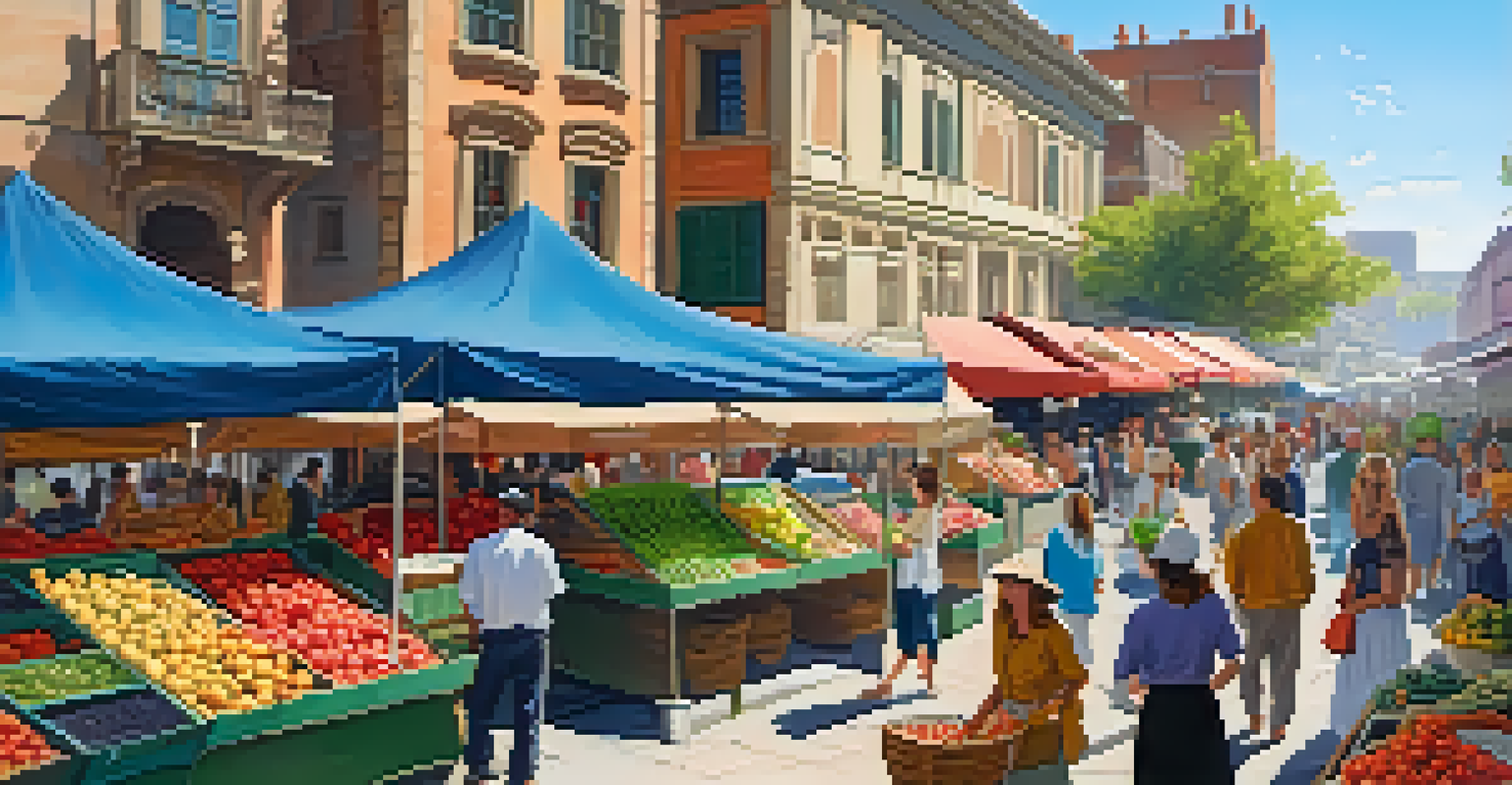 A lively outdoor market with stalls of fruits and crafts, filled with people.