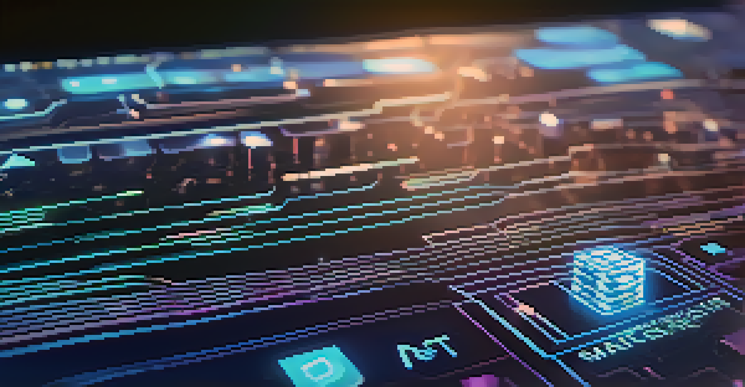 Close-up of smart contract code on a digital screen with holographic icons representing finance, real estate, and gaming.