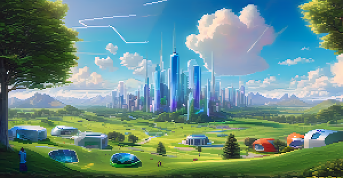 A digital landscape with a green meadow and futuristic buildings under a blue sky with clouds, illuminated by warm sunlight.