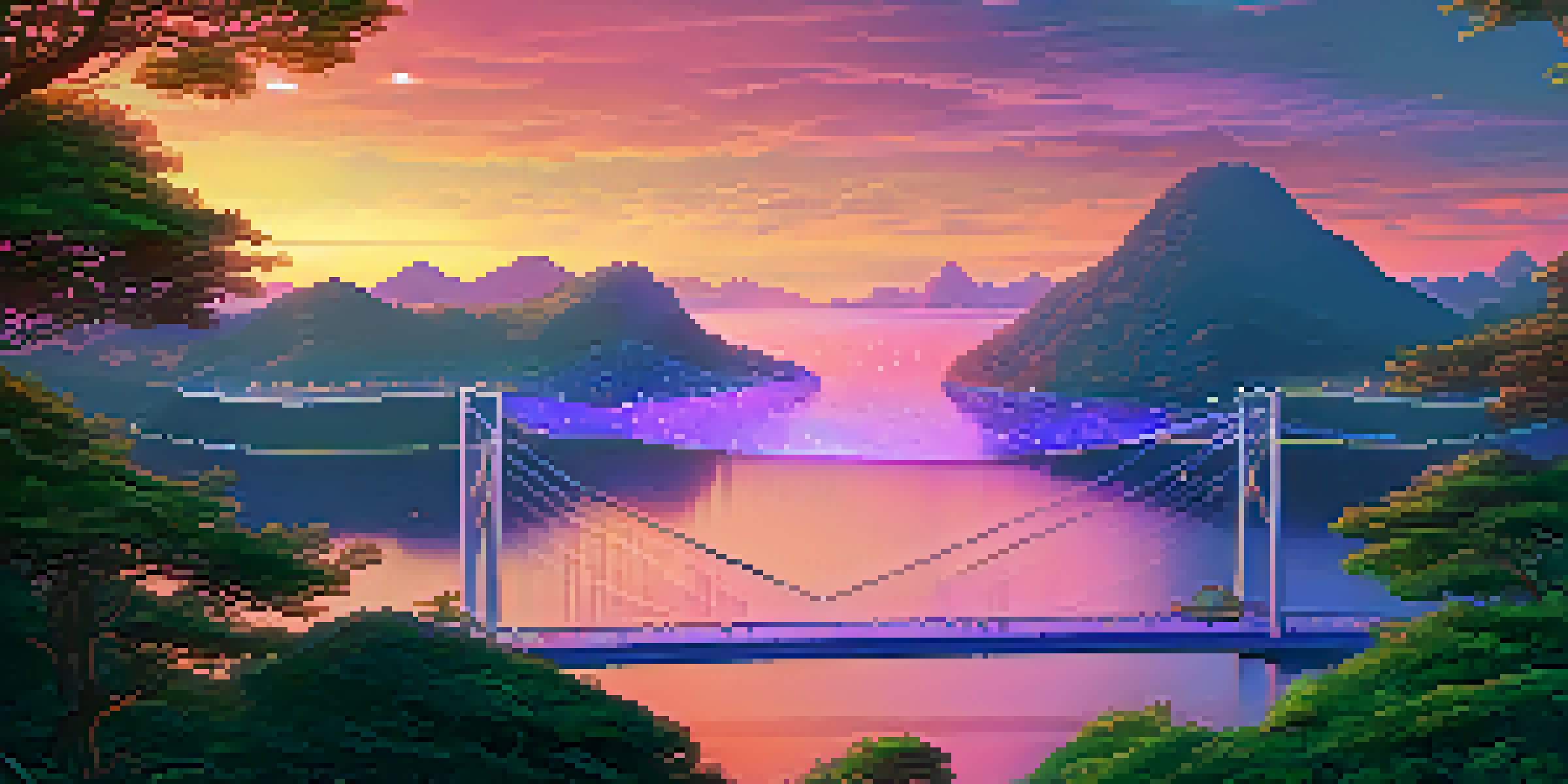 A serene landscape showing two islands connected by a glowing bridge, with a colorful twilight sky and lush greenery.