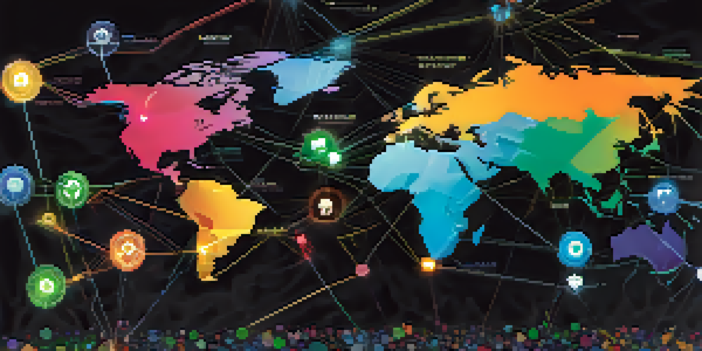 A global map showcasing digital tokens representing non-profit funding through DeFi, with glowing connections.