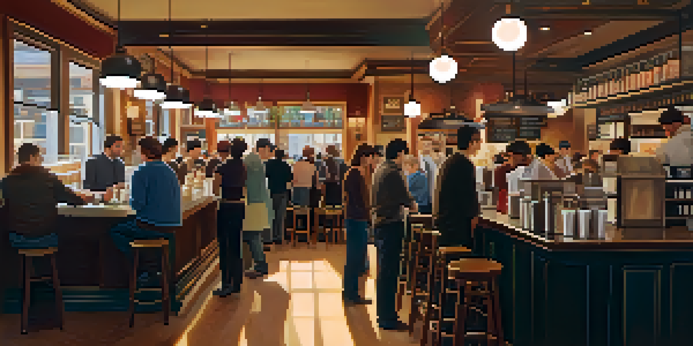 A busy coffee shop with a line of customers waiting to order, warm colors, and baristas at work.