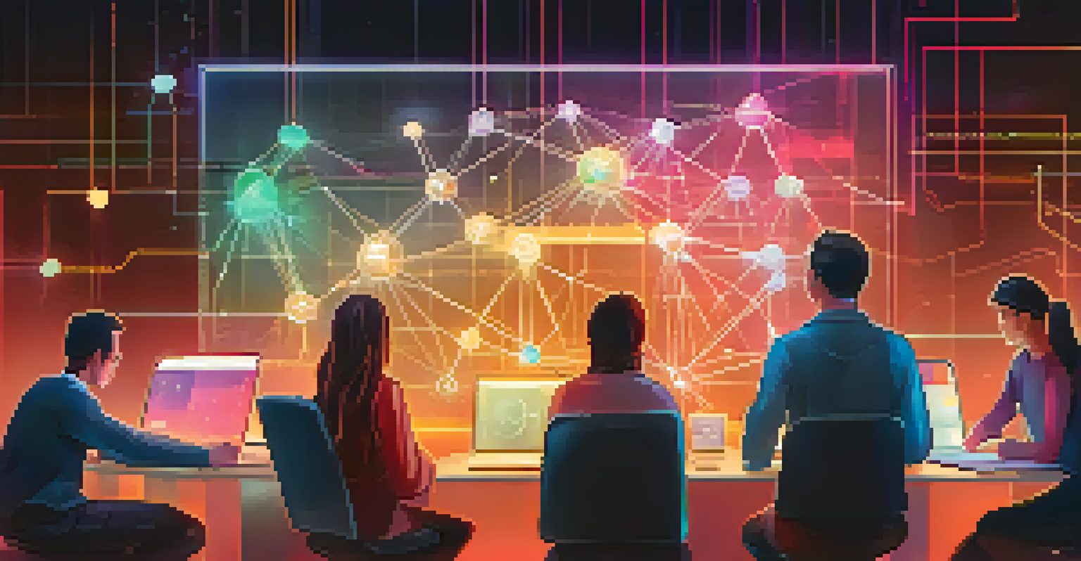 A diverse group of individuals working together on a touchscreen to design smart contracts, with glowing blockchain nodes in the background.