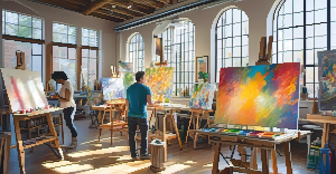A lively art studio with artists collaborating and colorful artworks in the background.