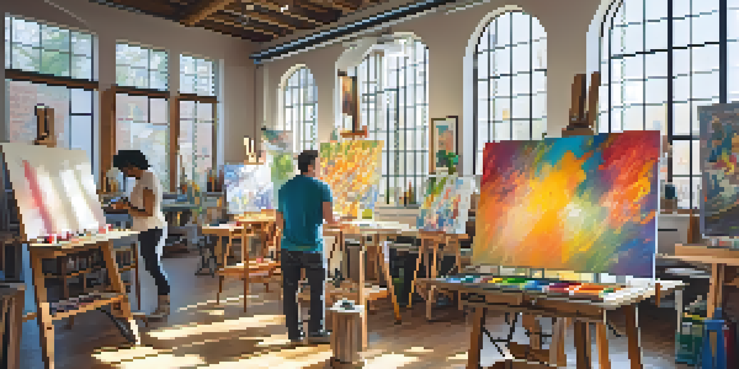 A lively art studio with artists collaborating and colorful artworks in the background.