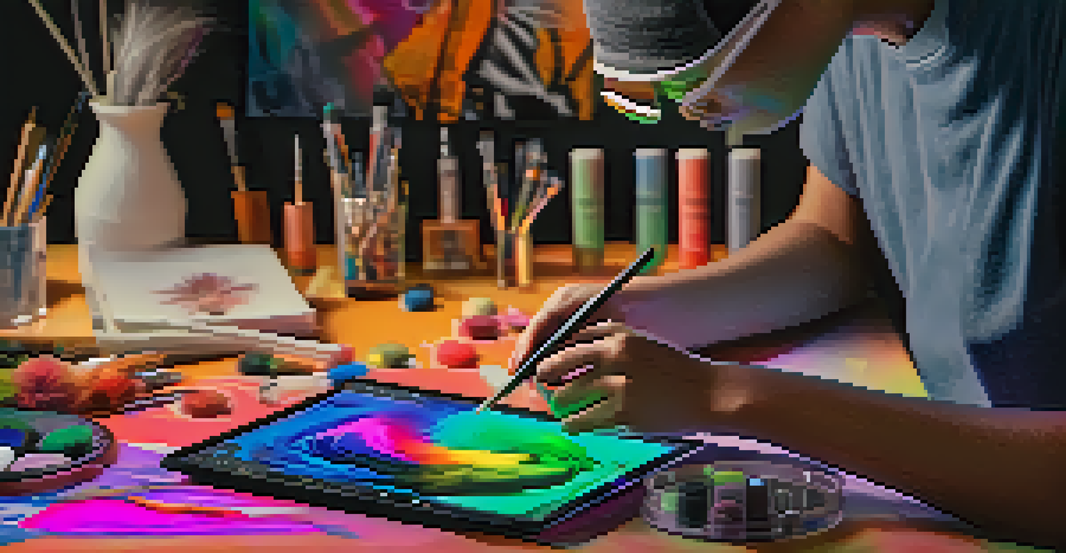 A digital artist creating an NFT artwork on a tablet, surrounded by art tools and vibrant colors.