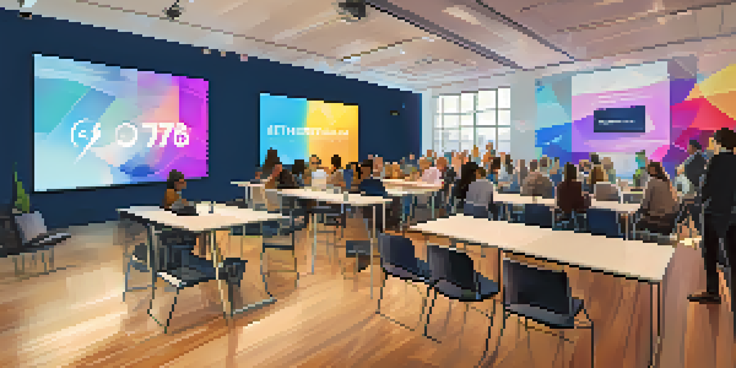 A lively fundraising event with diverse people discussing Ethereum and donation transparency in a bright room.